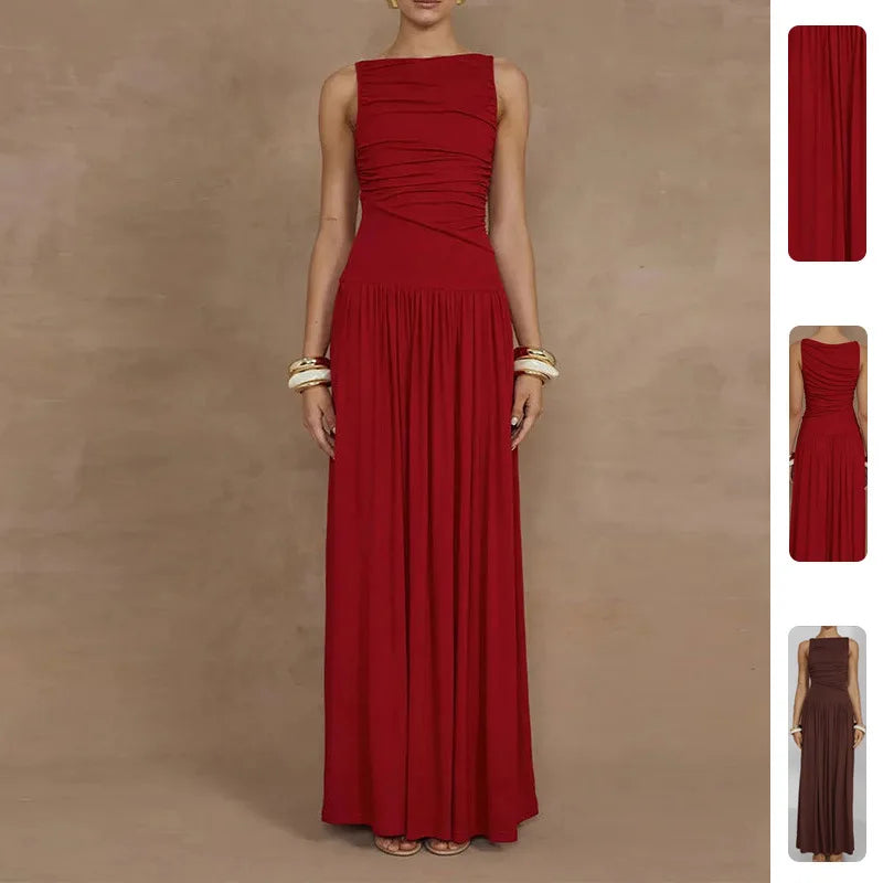 Women's Elegant Ruffled Waist Maxi Dress Boho Chic Sleeveless Long Dress for Summer Beach Holiday Vestidos De Fiesta Elegantes