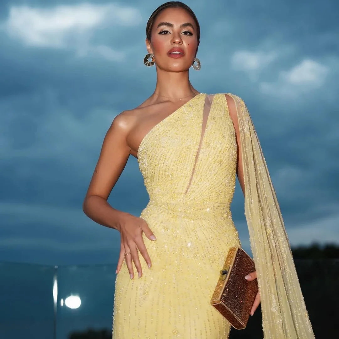 Bella Customized Bright Yellow One-shoulder Full Embellished Tulle High-slit Cape Train Floor-length Party Dresses Elegant