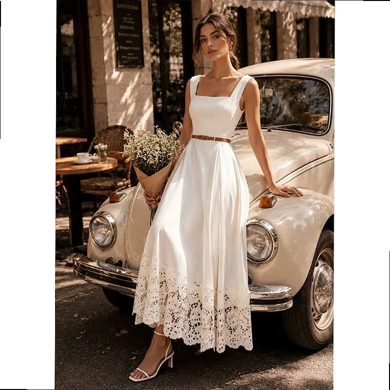 Elegant White Lace Hollow Square Neck Sleeveless A-Line Maxi Dresses, Classic Summer Flowy Long Dress for Women