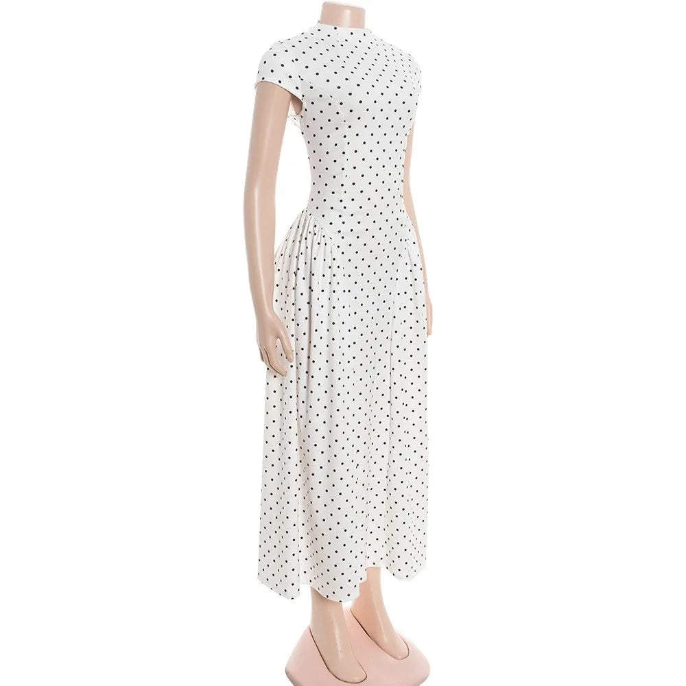Retro Dot Print Dress Summer Women's Sleeveless Casual Round Neck Slim High Waist A-line Long Dress Vestidos De Fiesta Elegantes