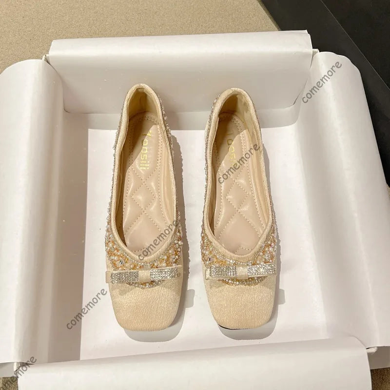 Women's Square Toe Beaded Rhinestone Bow Ballet Flats Slip‑On Casual Shoes for Woman Lightweight Low Heel Pumps Elegant Size 43
