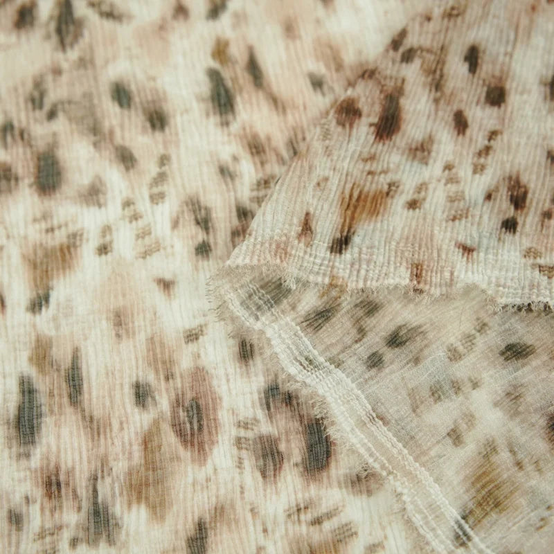 Semi-transparent, draping, light brown printed pleated textured fabric for dresses, shirts, pants, cheongsams, designer fabricsA