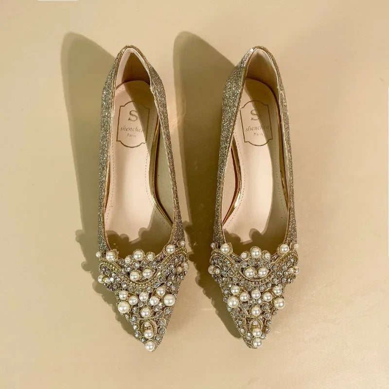 High-end Rhinestone Block Heel Single Shoes Fashion Pointed Toe Shallow Mouth Slip-on Non-Slip Low Top Shoes