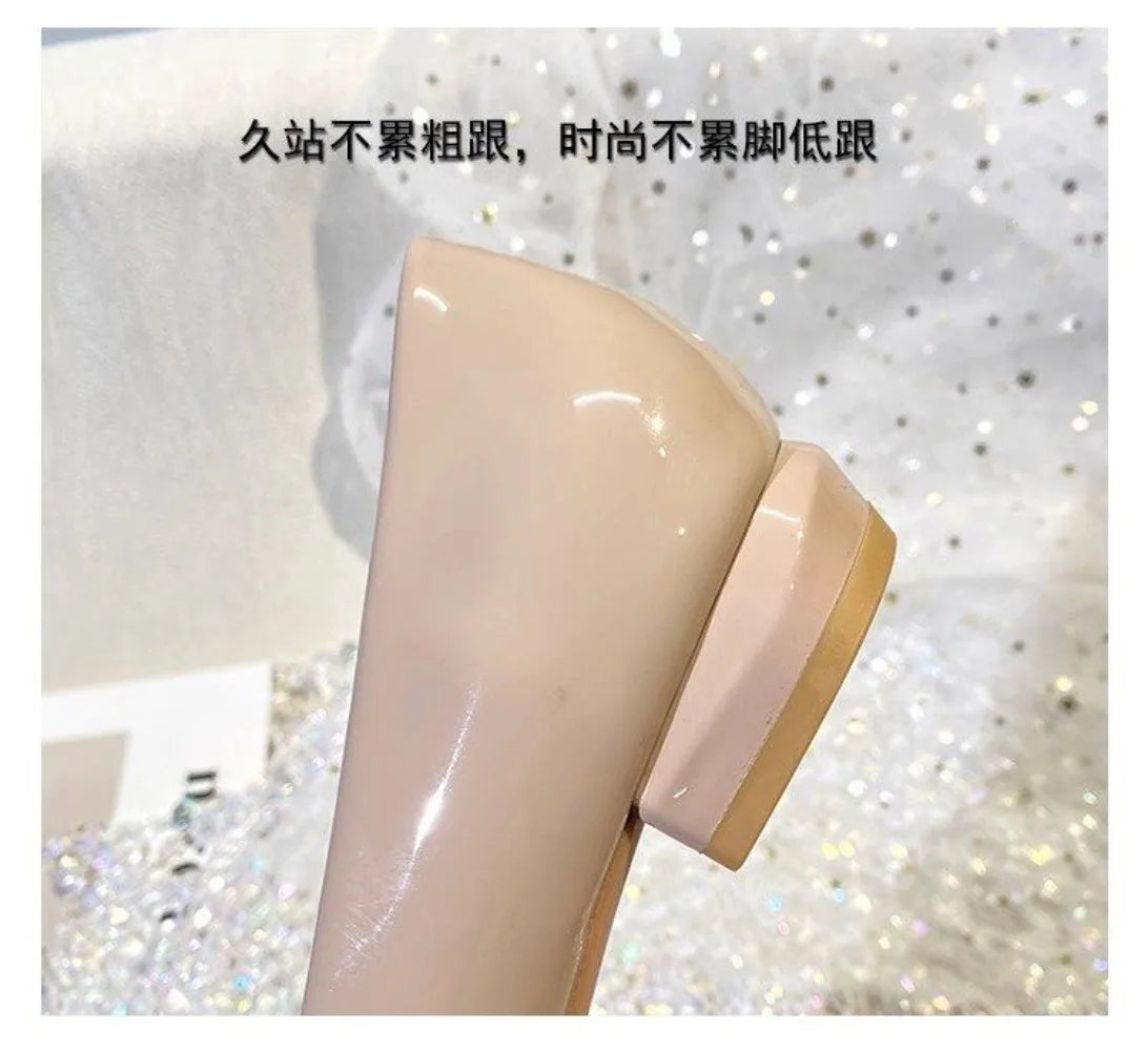 French style patent leather pointed single shoes  Pumps for women with a 3cm low heel new fashionable thick heel flat shoes