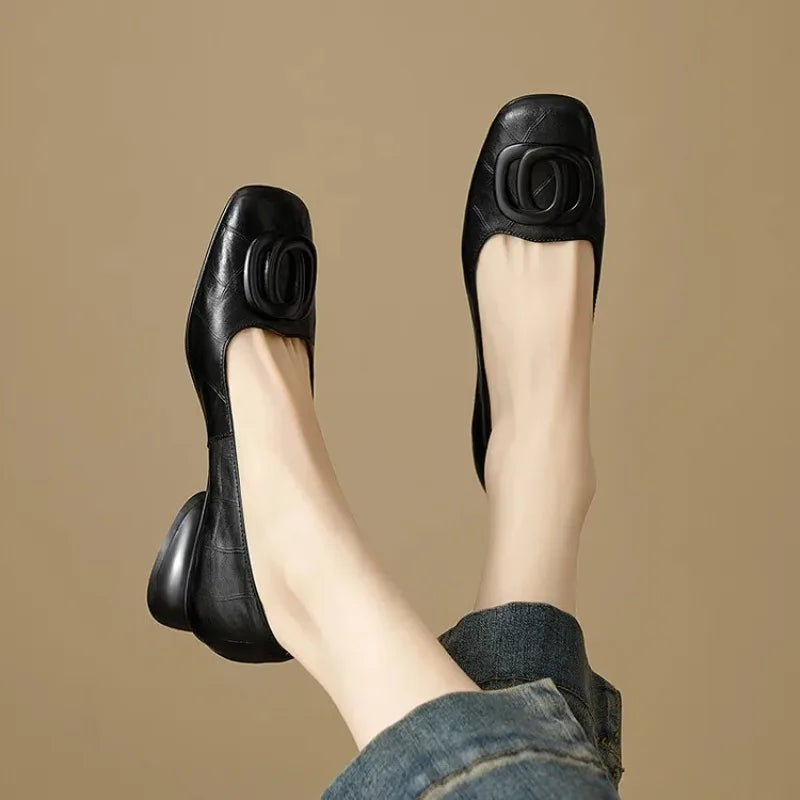 French Style Women Shoes Pumps Leather Shoes for Women Square Head Fashion Shoes Woman Footwear