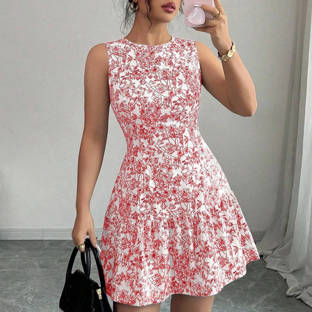 Ropas De Mujeres Print Dresses Vestidos Elegantes Women Vest Dress Sleeveless Summer Beach Bohemian Round Neck Retro Short Dress