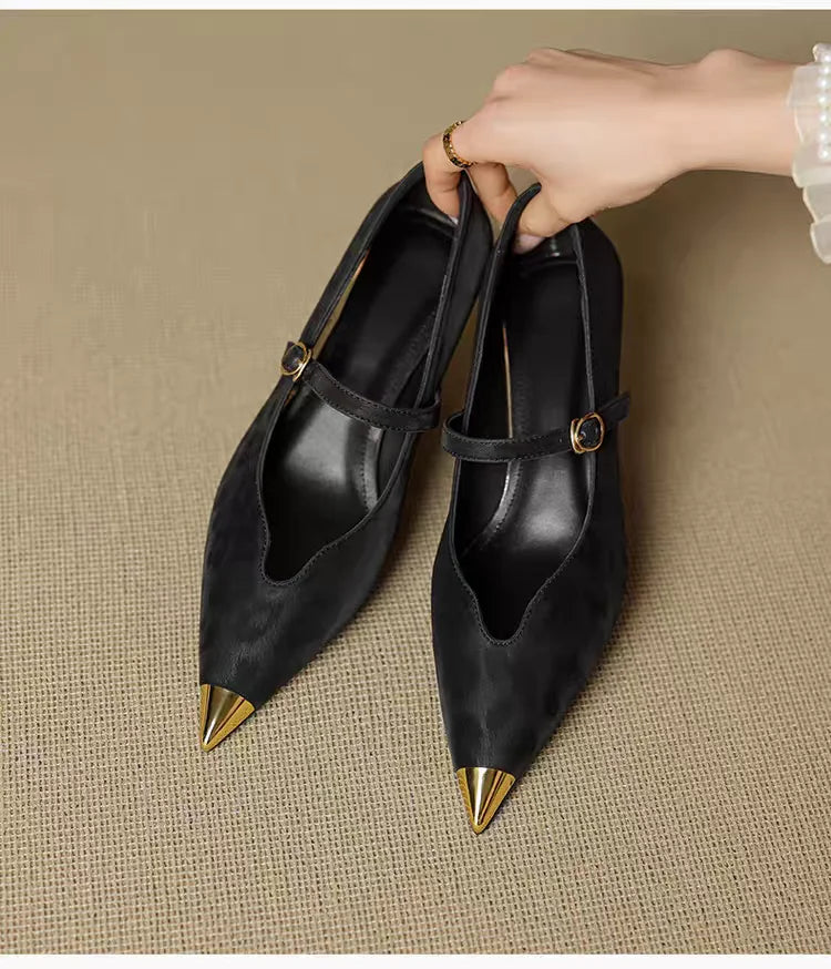 French-style Commuting Leopard Print Slimming Pointed V-cut Flats, Elegant 4.5cm Low-heel Mary Jane Shoes with A Strap