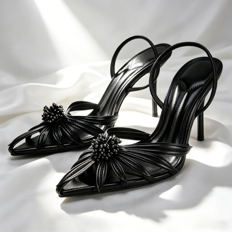 Luxury Gold Floral Detail Slingback Heels Women Unique Laminated Effect Design Pointed-Toe Heel Sandals Elegant Party Dress Shoe