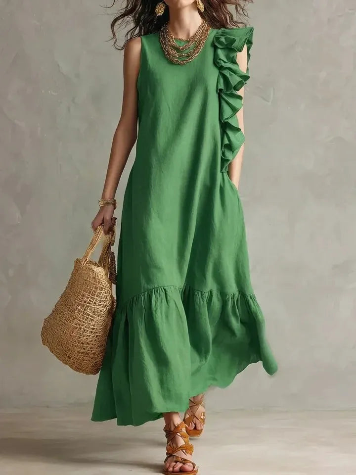 Women's Summer Irregular Ruffled Sleeveless Dress Casual Round Neck Solid Color Loose Long Dress Vestidos De Fiesta Elegantes
