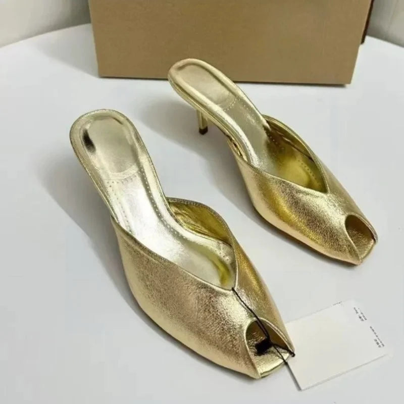 Women's Pumps Designer Gold Women Mules Sandals Luxury High Heels for Women Fashion Peep Toe Party Dress Shoe Summer Modern Shoe