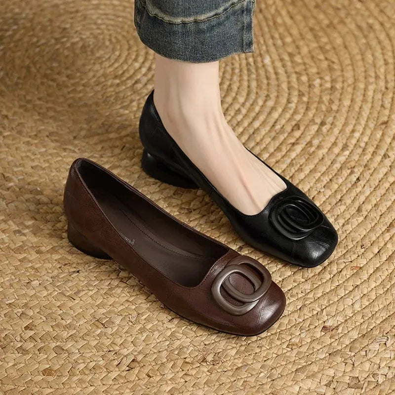 French Style Women Shoes Pumps Leather Shoes for Women Square Head Fashion Shoes Woman Footwear