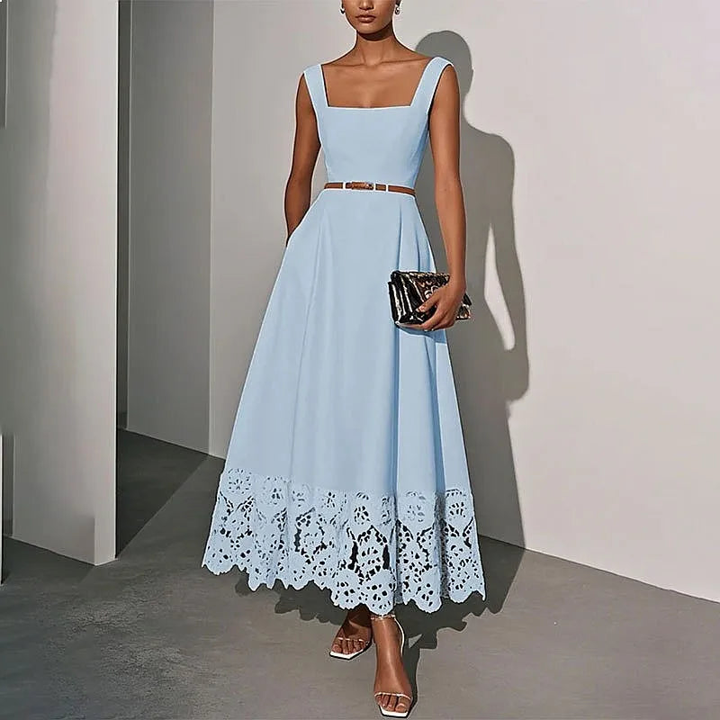 Elegant White Lace Hollow Square Neck Sleeveless A-Line Maxi Dresses, Classic Summer Flowy Long Dress for Women