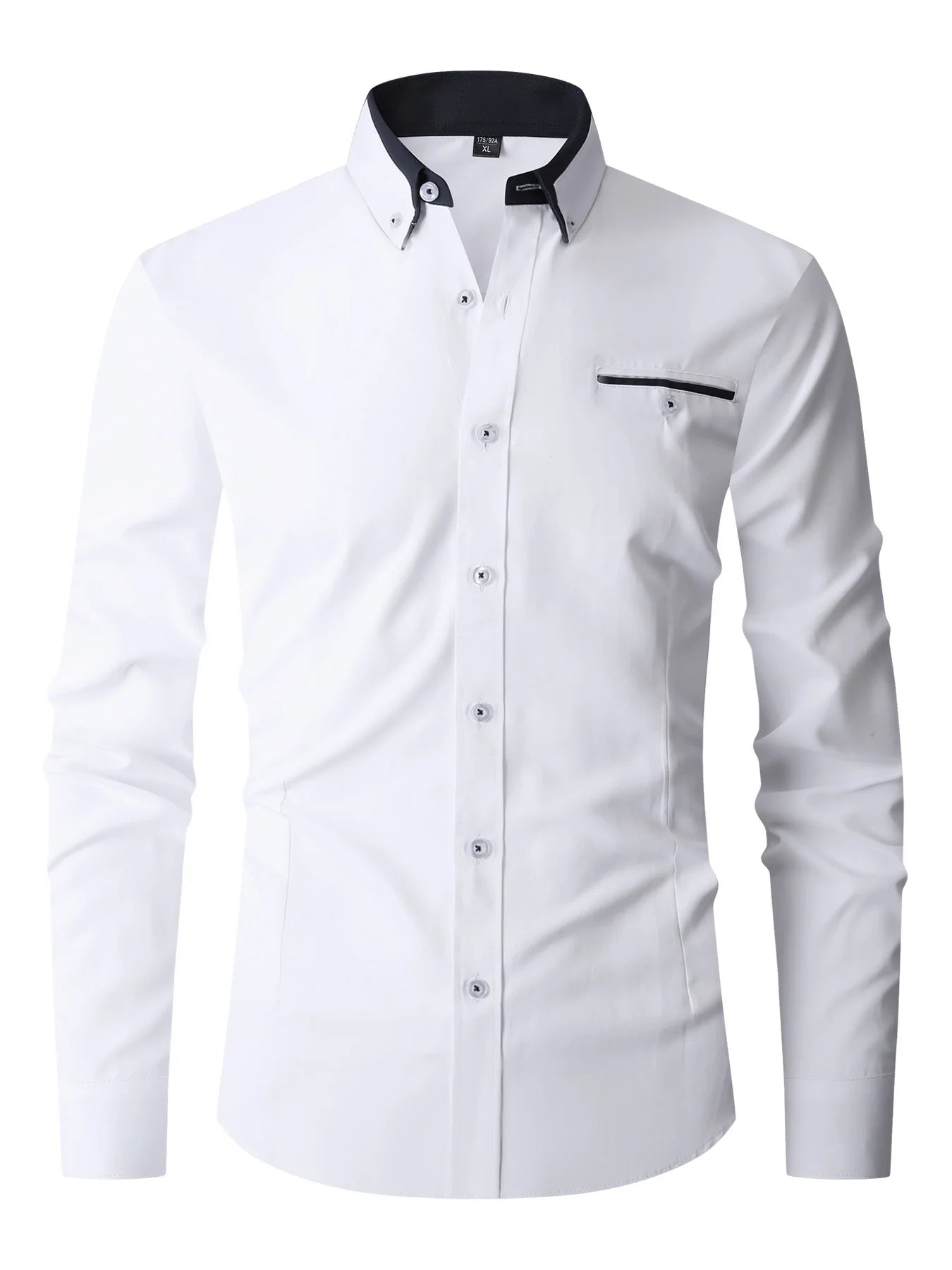 Men Formal Shirt Long Sleeve Office Solid Color Anti-Wrinkle Fashion Business Casual Social Pocket Office White Dress Shirts Man