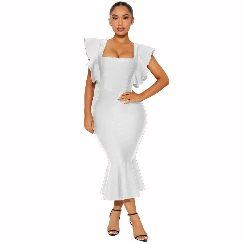 Sexy square neck flying sleeve bandage dress for women, black short sleeved pleated tight fitting dress, party evening dress