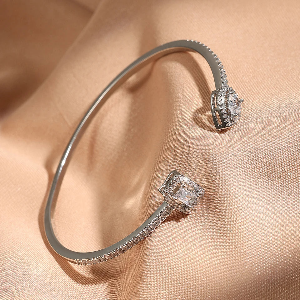 Luxury Geometry Gold Color Cuff Bangles For Women Fashion Cubic Zirconia Bracelets INS Party Everyday Jewlery.