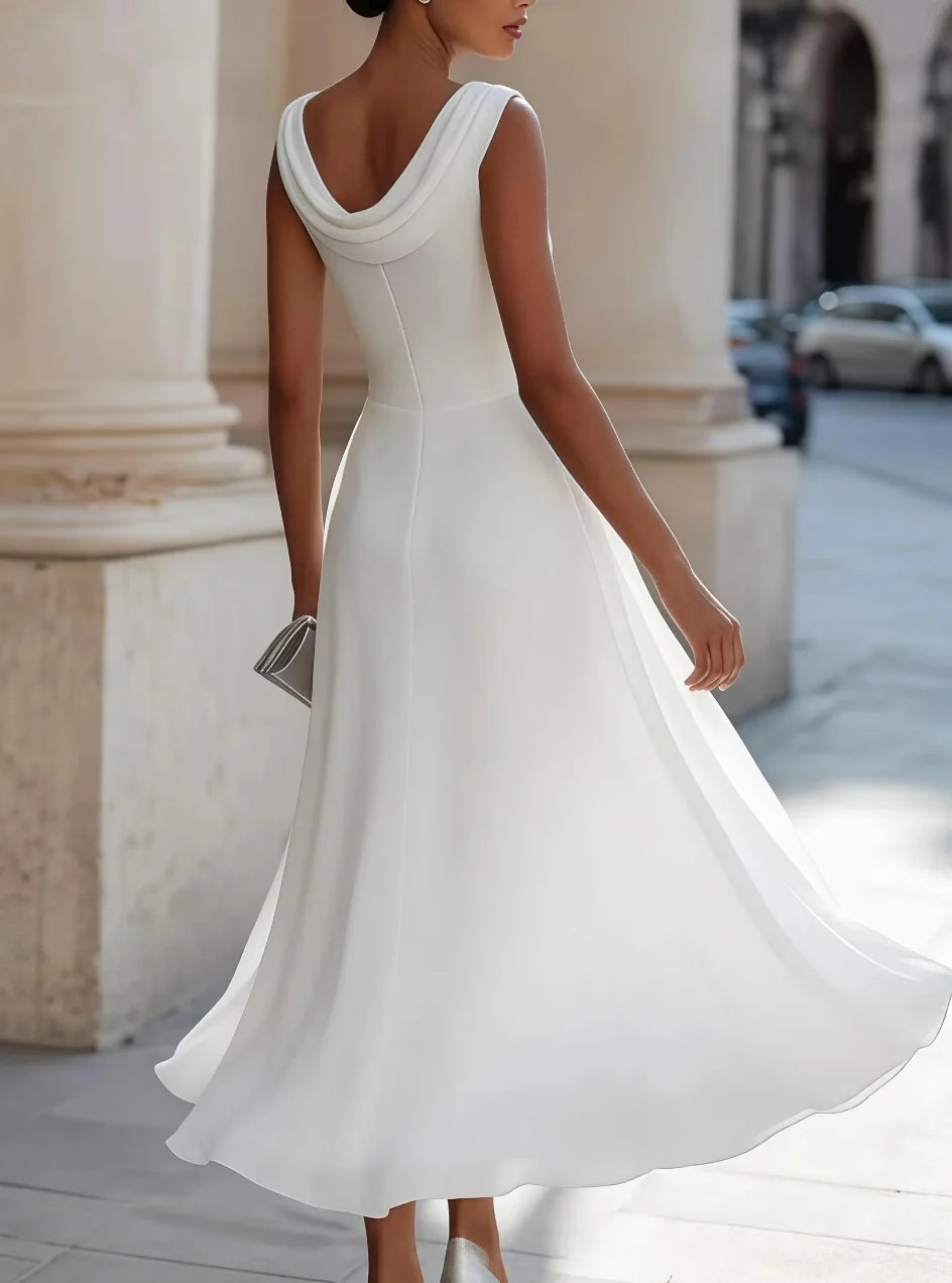 Sleeveless Cowl Neck Pleated Waist A Line Midi Dress Women Elegant Party Dress