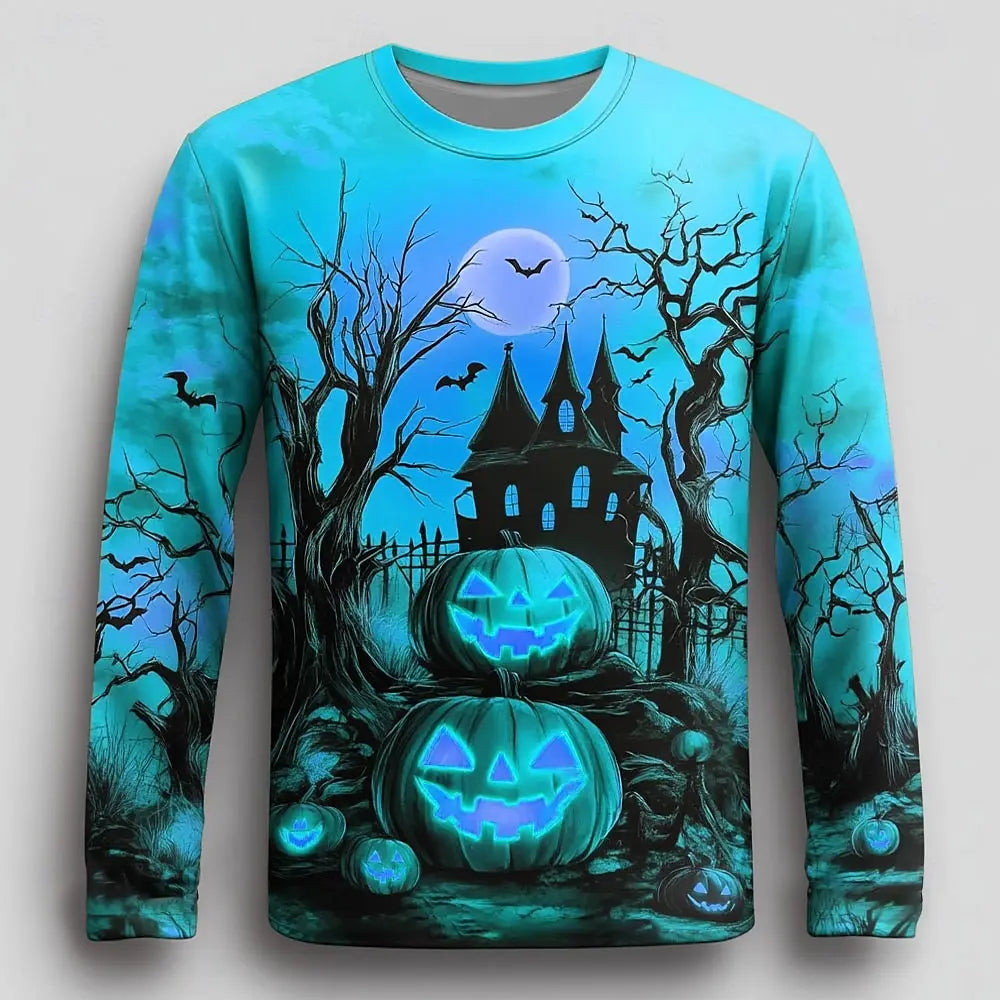 Fall Halloween Pumpkin Print Men's Long Sleeve T-shirt Hip Hop Trend y2k Clothes Casual O-neck Loose Pullover Funny Dress Up Top