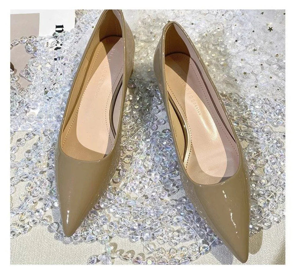 French style patent leather pointed single shoes  Pumps for women with a 3cm low heel new fashionable thick heel flat shoes