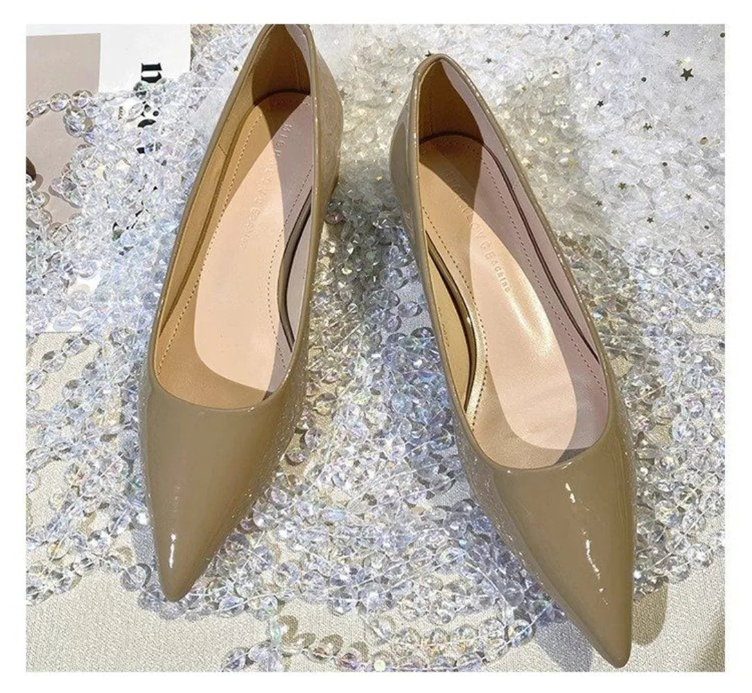 French style patent leather pointed single shoes  Pumps for women with a 3cm low heel new fashionable thick heel flat shoes