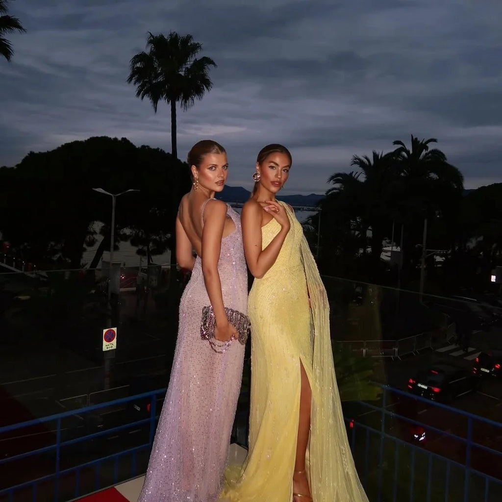 Bella Customized Bright Yellow One-shoulder Full Embellished Tulle High-slit Cape Train Floor-length Party Dresses Elegant