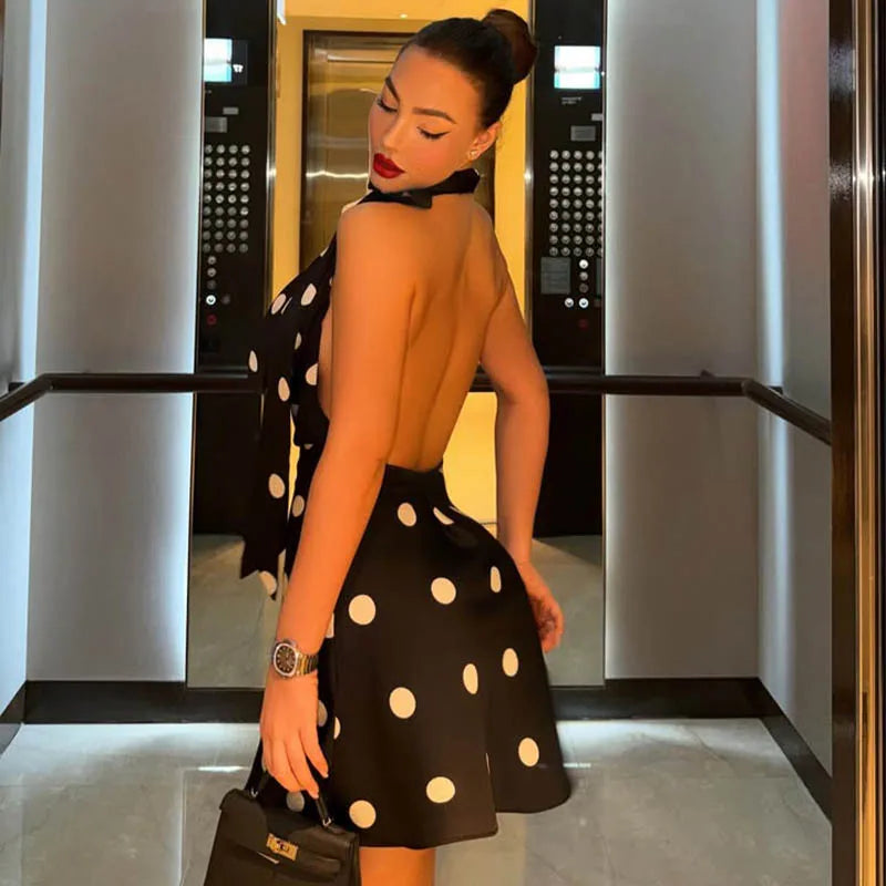 Huhugirl Mini Dresses Backless Sleeveless A-Line Halter Dot Printing Summer Elegant French Party Street Style Slim For Women