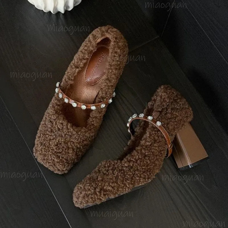 Elegant Rhinestone Strap Women's Mary Jane Shoes Beige Plush Fashion High Heel Pumps Autumn Winter Comfortable Footwear Size34