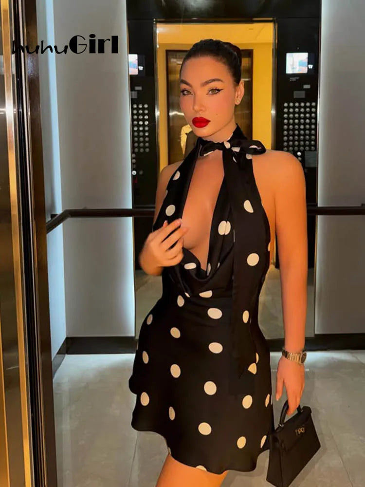 Huhugirl Mini Dresses Backless Sleeveless A-Line Halter Dot Printing Summer Elegant French Party Street Style Slim For Women