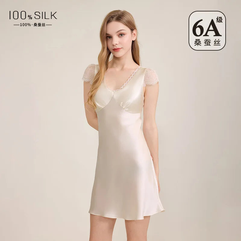2026 New Women 100% Mulberry Silk Nightdress High Grade Sexy Mini Dress Elegant Homewear Wearable Outside Breathable Loungewear