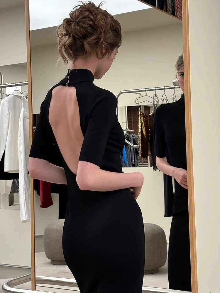 Nibber Peach Hip Elegant Gown Dress Woman Turtleneck Short Sleeve Backless High Waist Skinny Evening Prom Party Long Bodycon