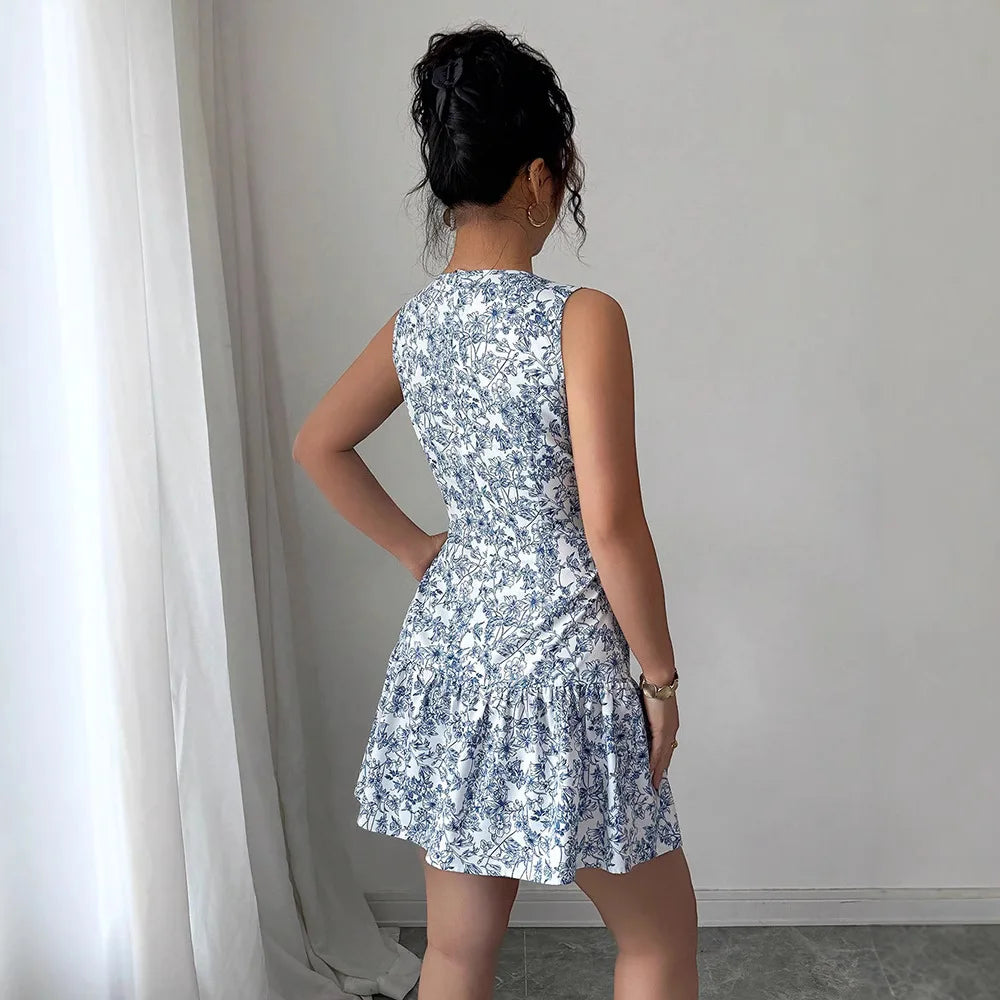 Ropas De Mujeres Print Dresses Vestidos Elegantes Women Vest Dress Sleeveless Summer Beach Bohemian Round Neck Retro Short Dress