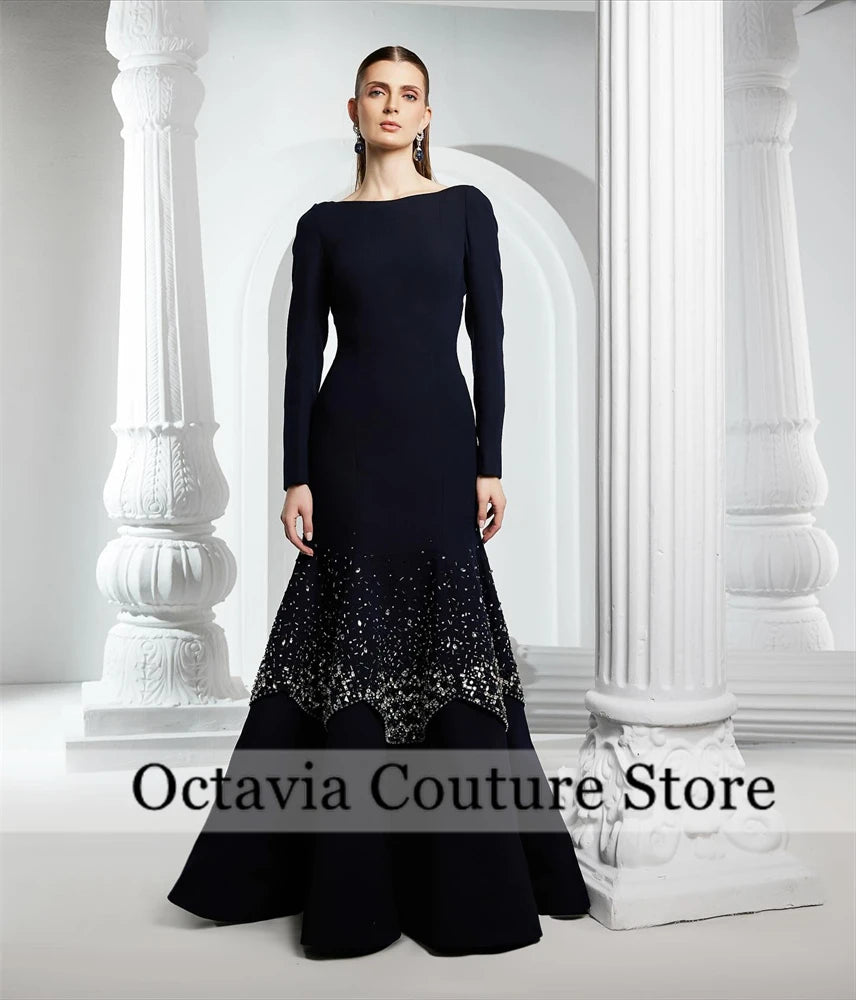 Pretty Black Irregular Neck A-Line Dubai Evening Dresses with Full Sleeves Crystal Elegant Wedding Dresses Prom Gown Customized