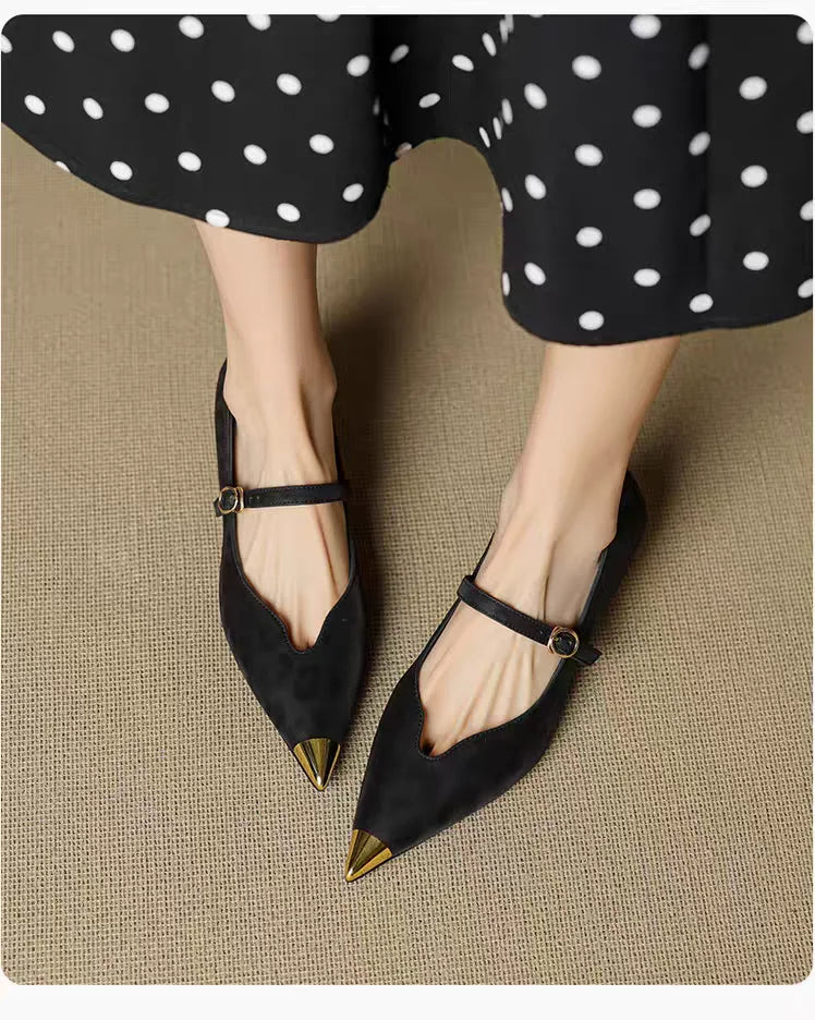 French-style Commuting Leopard Print Slimming Pointed V-cut Flats, Elegant 4.5cm Low-heel Mary Jane Shoes with A Strap