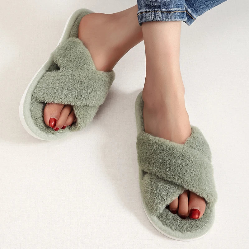 Autumn Winter Fluffy Fur Slippers Women Lightweight Cross Band Plush Slides Woman 2025 Open Toe Flats Fuzzy Home Slippers Female