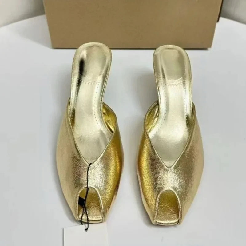 Women's Pumps Designer Gold Women Mules Sandals Luxury High Heels for Women Fashion Peep Toe Party Dress Shoe Summer Modern Shoe