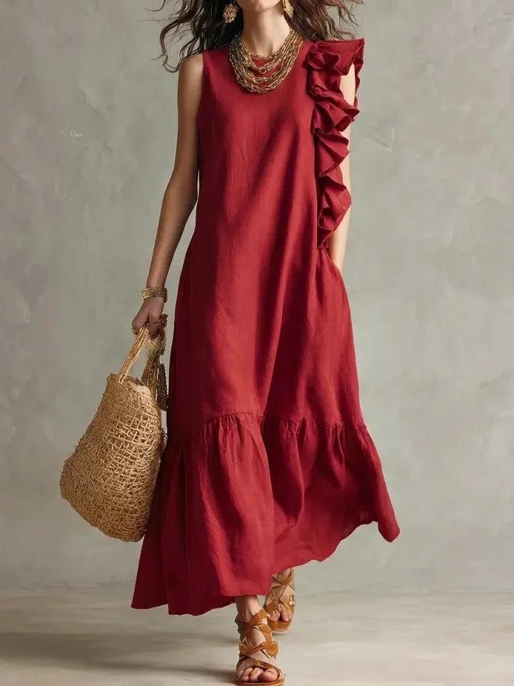 Women's Summer Irregular Ruffled Sleeveless Dress Casual Round Neck Solid Color Loose Long Dress Vestidos De Fiesta Elegantes