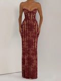 Strapless Bodycon Maxi Dress for Women 2026 Striped Backless Elegant Party Evening Gown Casual Summer Wear