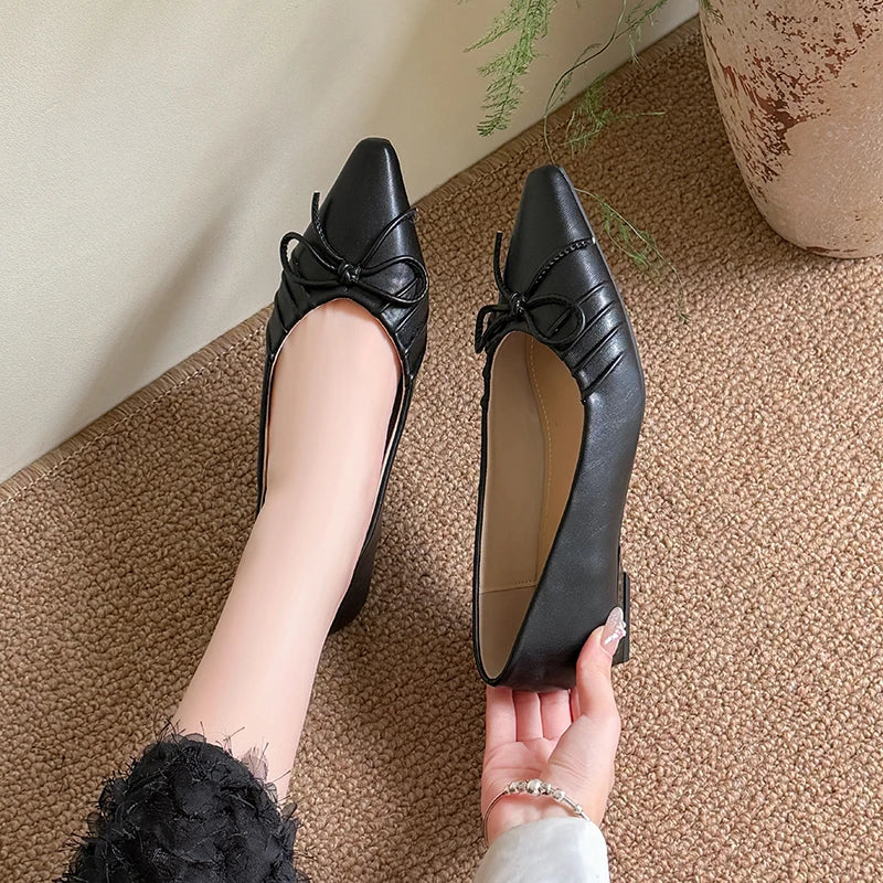 Leisure Pumps Women Basic Slip on Square Low Heels Pointed Toe Shoes Woman Solid Butterfly Knot Women Pumps Plus Size