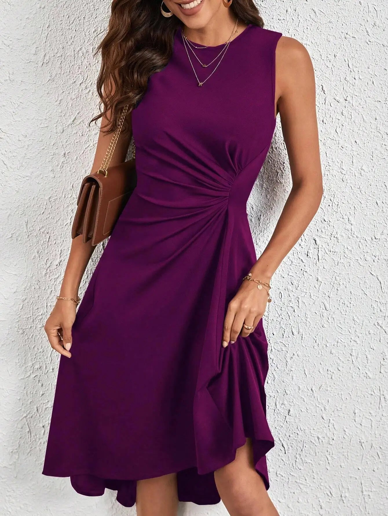 Women's Fashion Sleeveless Solid A-line Wrinkled Midi Dress Summer Female Red O-neck Party Dresses Vestidos Elegantes Para Mujer