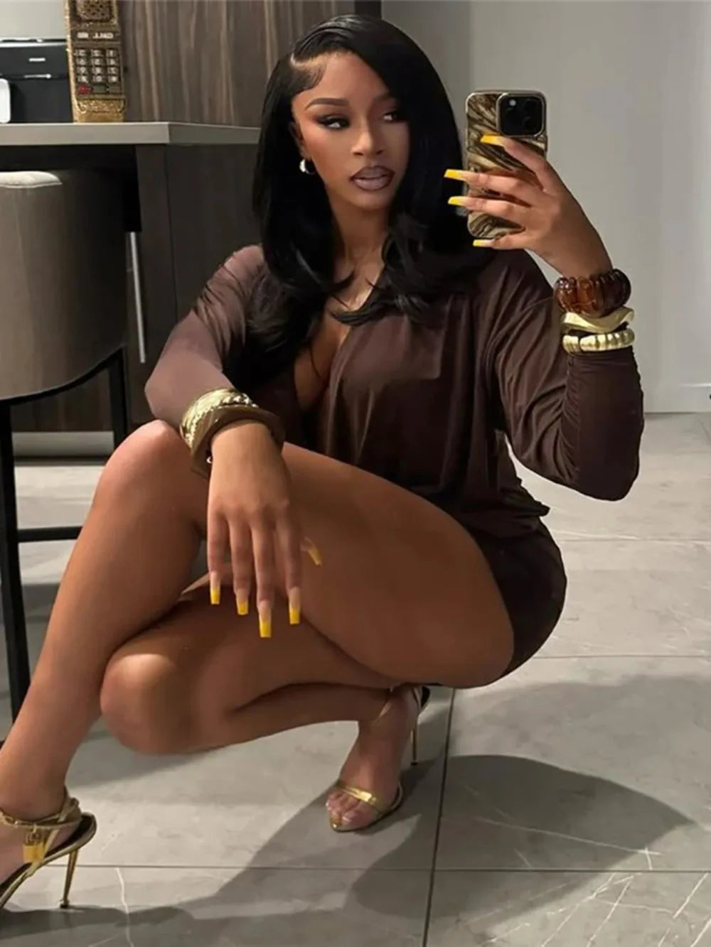 Women's Elegant Deep V-Neck Mini Dress Full Sleeve Skinny Peach Hip Midnight Club Party Sexy Fashion Solid Bodycon