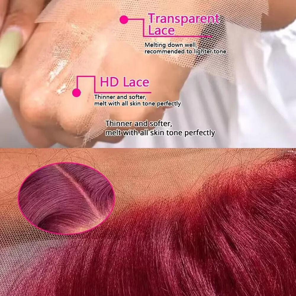 99J Burgundy Colored Deep Wave 200 Density 13x6 Transparent Lace Frontal Human Hair Wigs 44 46 Inch 13x4 HD Full Lace Front Wigs