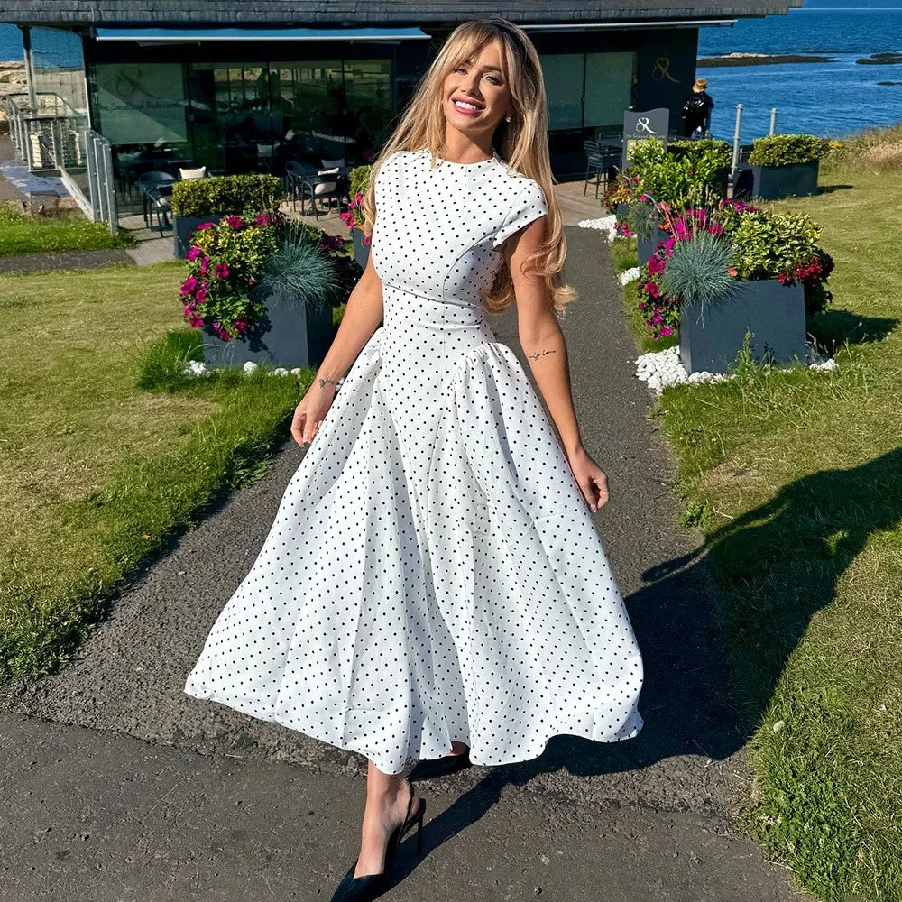 Retro Dot Print Dress Summer Women's Sleeveless Casual Round Neck Slim High Waist A-line Long Dress Vestidos De Fiesta Elegantes