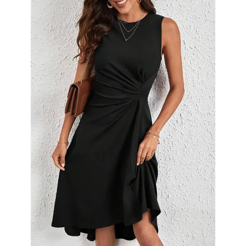 Women's Fashion Sleeveless Solid A-line Wrinkled Midi Dress Summer Female Red O-neck Party Dresses Vestidos Elegantes Para Mujer