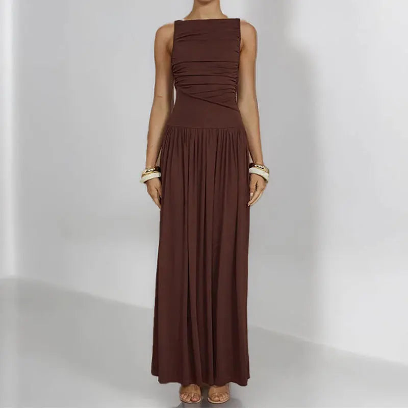 Women's Elegant Ruffled Waist Maxi Dress Boho Chic Sleeveless Long Dress for Summer Beach Holiday Vestidos De Fiesta Elegantes