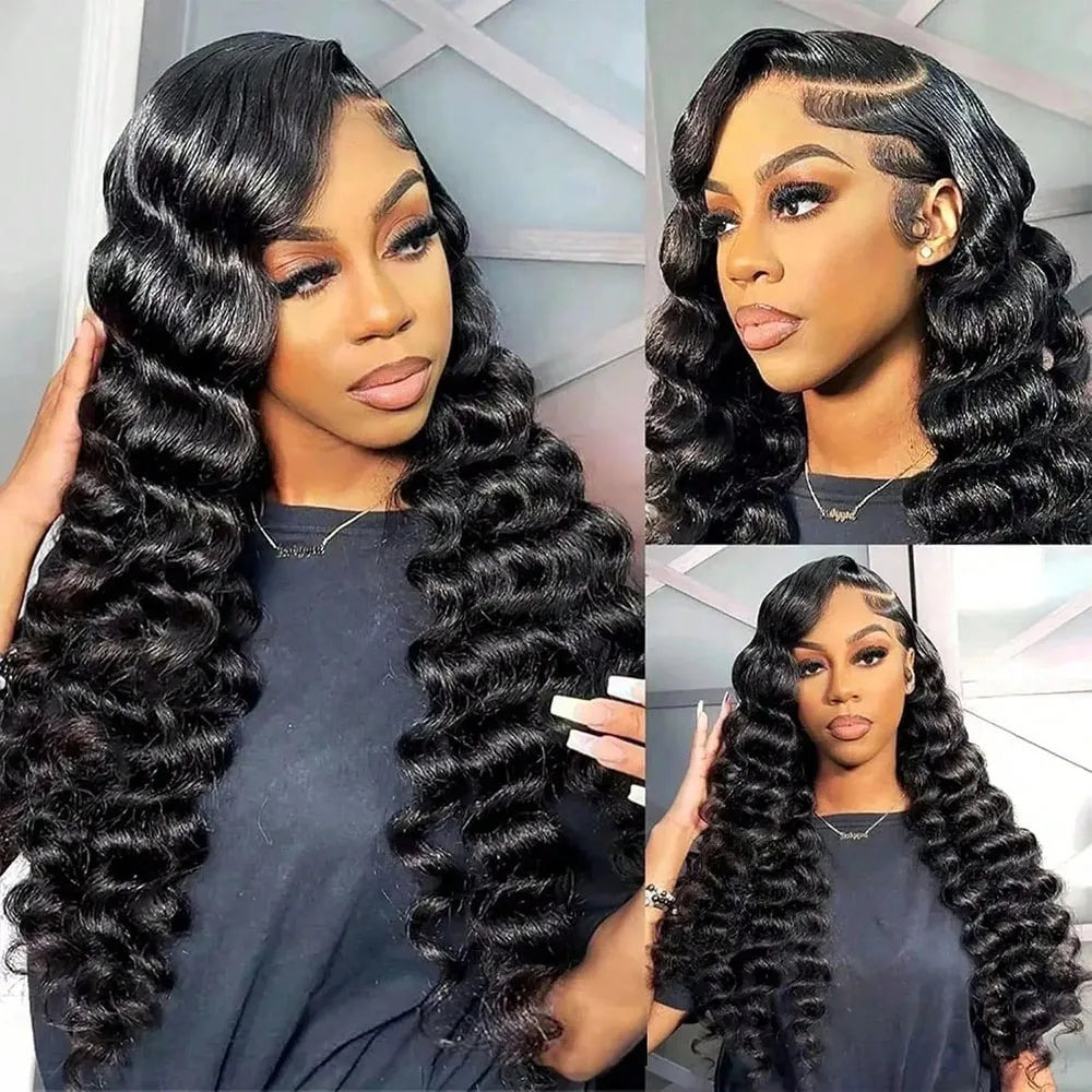 13x4 HD Loose Deep Wave Lace Front Wigs Human Hair Natural Black Pre Plucked With Baby Hair Wigs Brazilian Human Hair Bleached Knots With Baby Hair Nature Black Glueless Frontal Wigs Curly Frontal Wigs Human Hair With Baby Hair