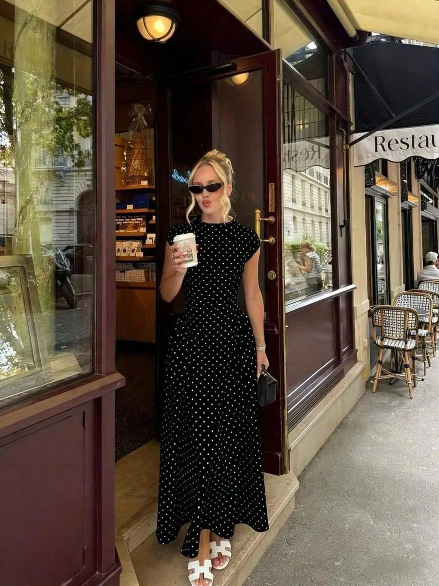 Retro Dot Print Dress Summer Women's Sleeveless Casual Round Neck Slim High Waist A-line Long Dress Vestidos De Fiesta Elegantes