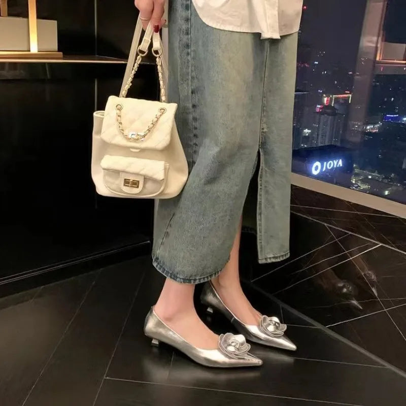 Women's Luxurious High-quality Patent Leather Floral High Heels, Sexy Pointed Toe Stiletto Low Heels Elegant Wedding Party Shoes