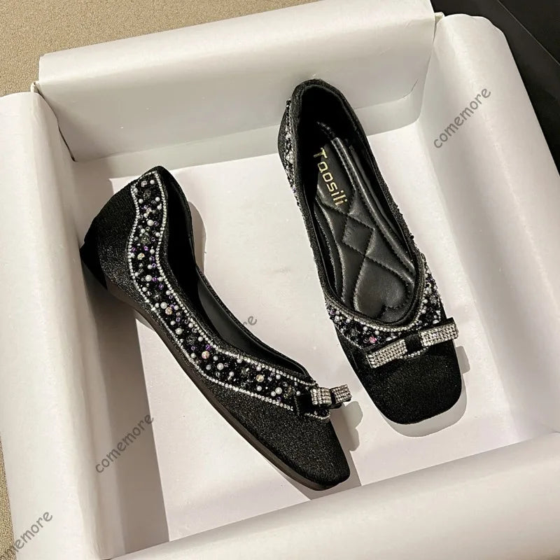 Women's Square Toe Beaded Rhinestone Bow Ballet Flats Slip‑On Casual Shoes for Woman Lightweight Low Heel Pumps Elegant Size 43