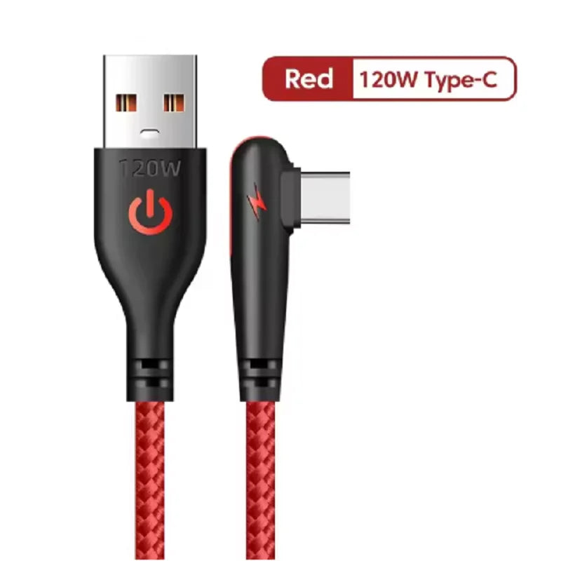 120W USB To Type-C Fast Charging Cable 90Degree Elbow Design Nylon Braided Mobile Phone Data Cord For Huawei oppo Xiaomi Samsung