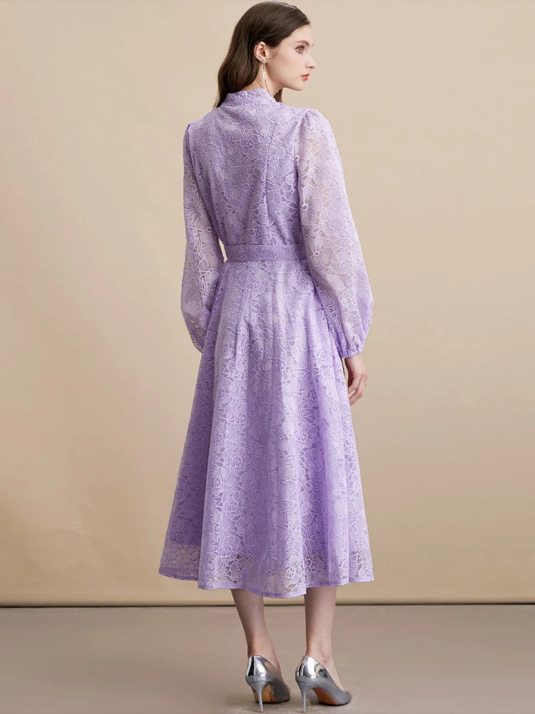 Elegant Lace embroidery Midi dress with belt Women's 2026 Spring summer Luxury Single breasted long sleeve dresses INKEO 5D271