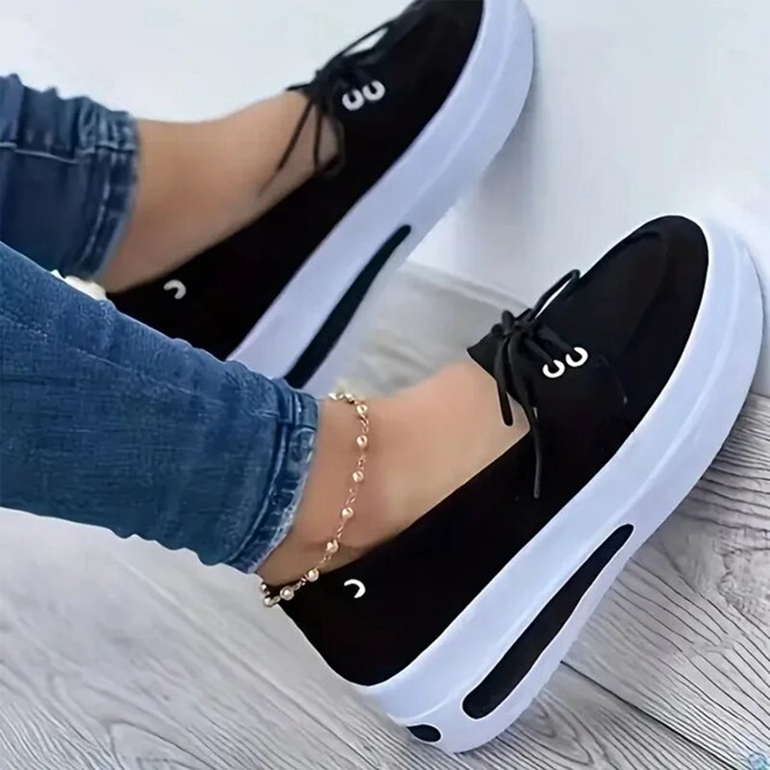 Women Block Shoes Slip On Closed Toe Platform Flat Wedge Casual Lace